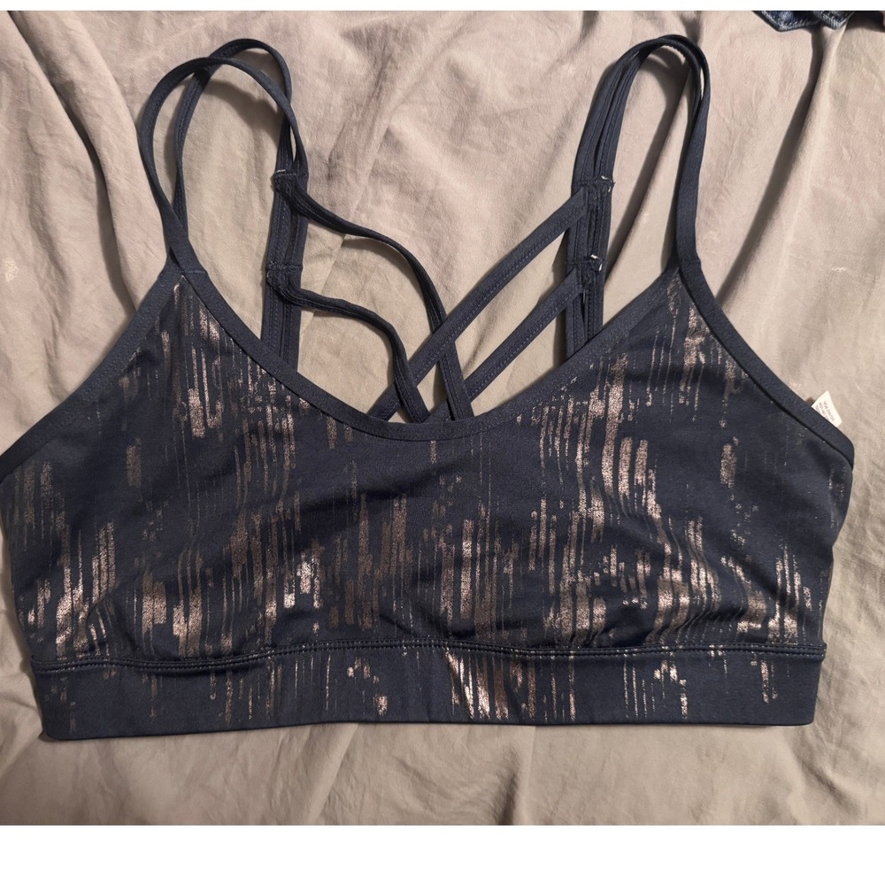 JoyLab Women Metallic Foil Strappy Back Sports‎ Bra Navy Bronze Abstract Print